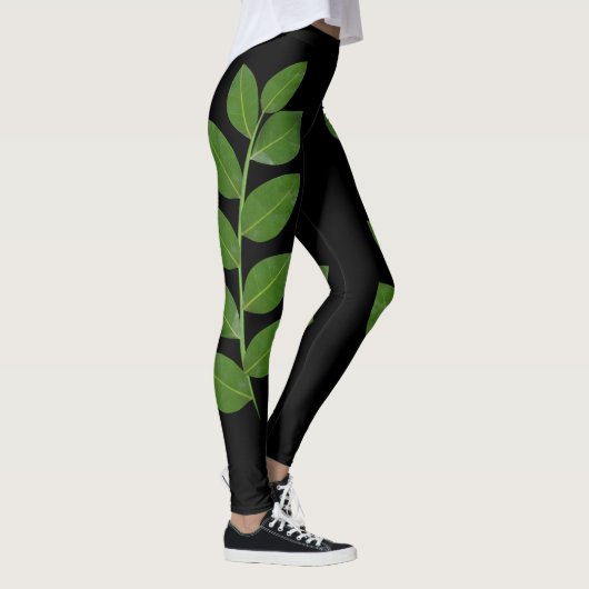 Modern Green Laurel Leaves op Black Leggings (Rechts)