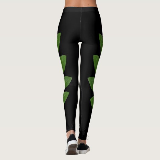 Modern Green Laurel Leaves op Black Leggings (Achterkant)