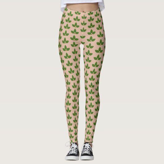 Modern Green Laurel leest Pattern on Beige Leggings (Voorkant)