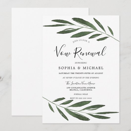 Modern Green Leaf Elegant Vow Renewal Kaart (Voorkant / Achterkant)