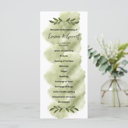 Modern Green Leaf Minimalist Wedding Program Programmakaart (Staand voorkant)