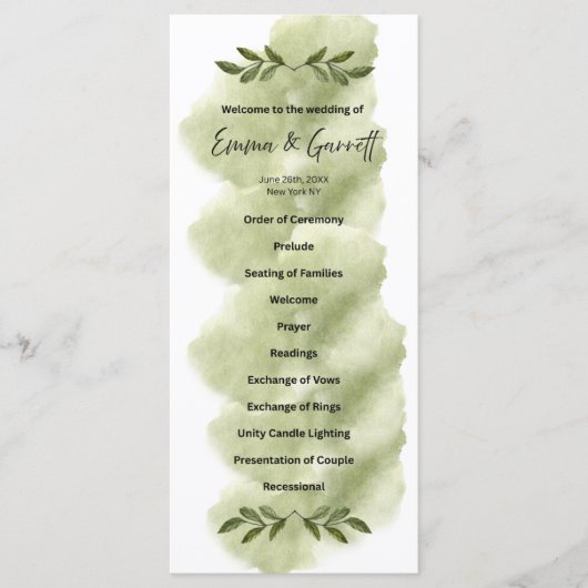 Modern Green Leaf Minimalist Wedding Program Programmakaart (Voorkant)
