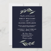 Modern Green Leaf Navy Blue Wedding Invite Kaart (Voorkant)
