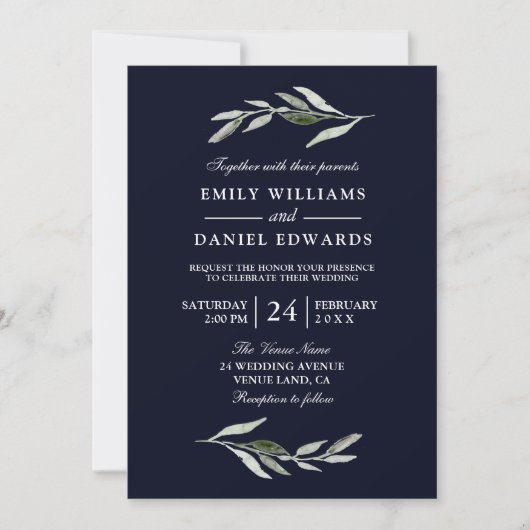 Modern Green Leaf Navy Blue Wedding Invite Kaart (Voorkant)