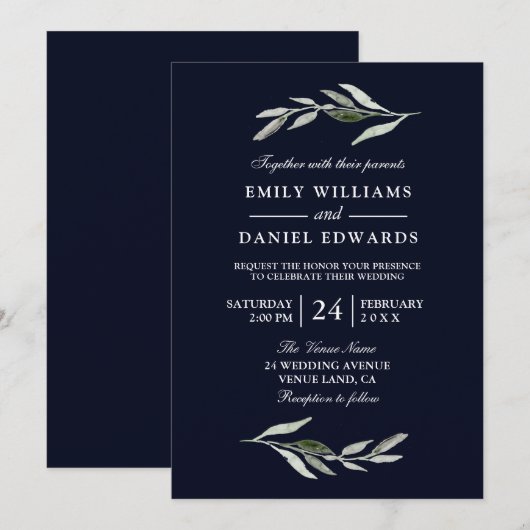 Modern Green Leaf Navy Blue Wedding Invite Kaart (Voorkant / Achterkant)