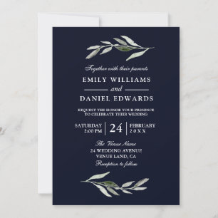 Modern Green Leaf Navy Blue Wedding Invite Kaart