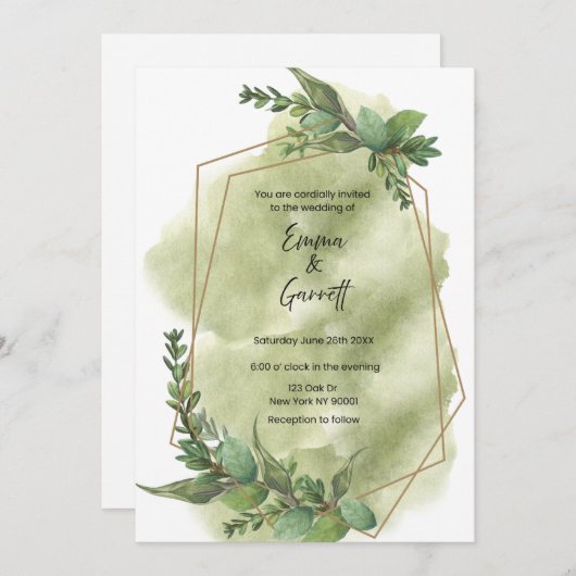 Modern Green Leaf Wedding Invitation Kaart (Voorkant / Achterkant)