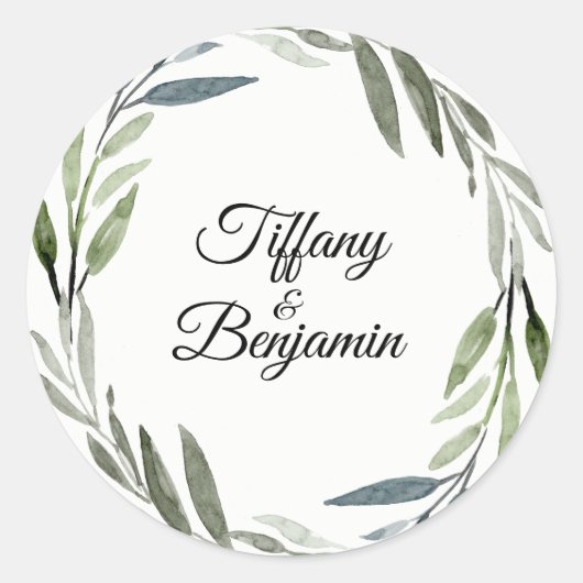 Modern Green Leaf Wreath Wedding Engagement Party Ronde Sticker (Voorkant)