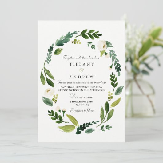 Modern Green Leaf Wreath Wedding Invite Kaart (Staand voorkant)