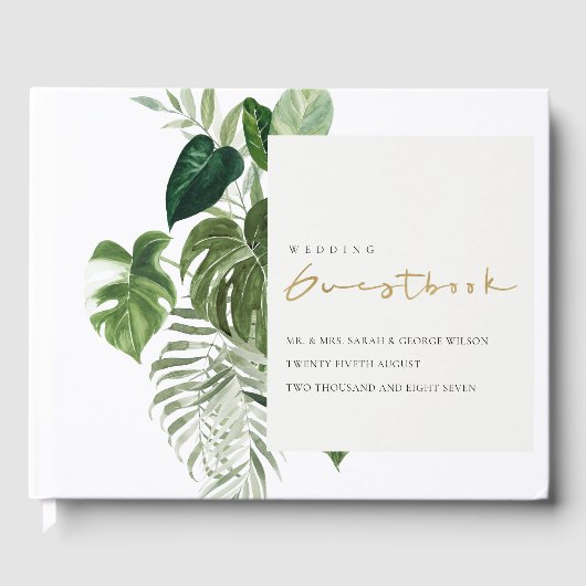 Modern Green Leafy Palm Tropical Foliage Wedding Gastenboek (Voorkant)
