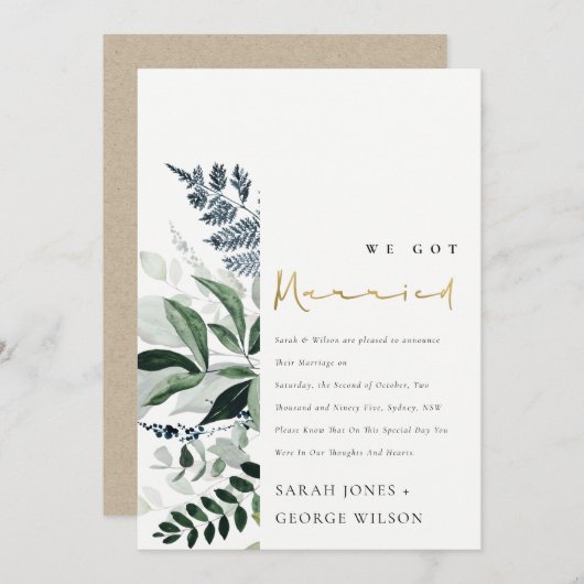 Modern Green Leafy Tropical Foliage Wedding Aankondiging (Voorkant / Achterkant)