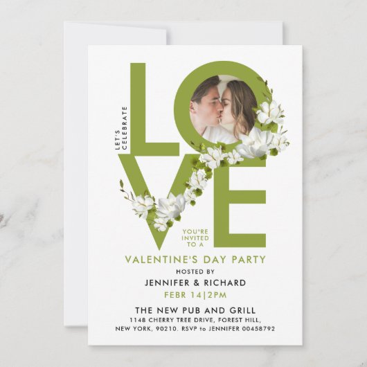 Modern Green Love Celebration Script Photo Floral Kaart (Voorkant)