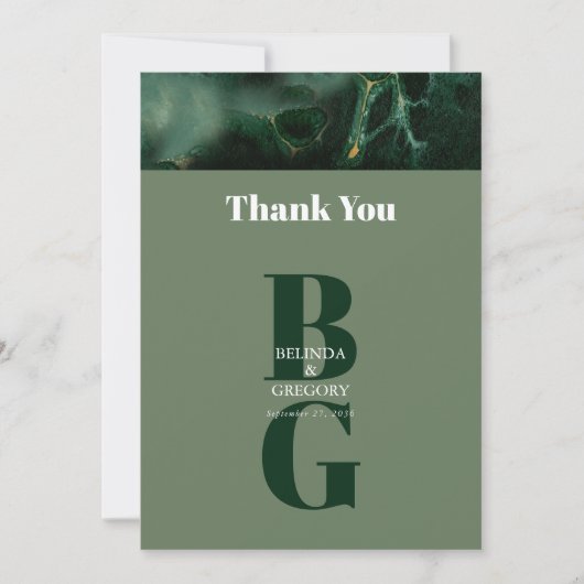 Modern Green Marble Monogram Wedding Bedankkaart (Voorkant)