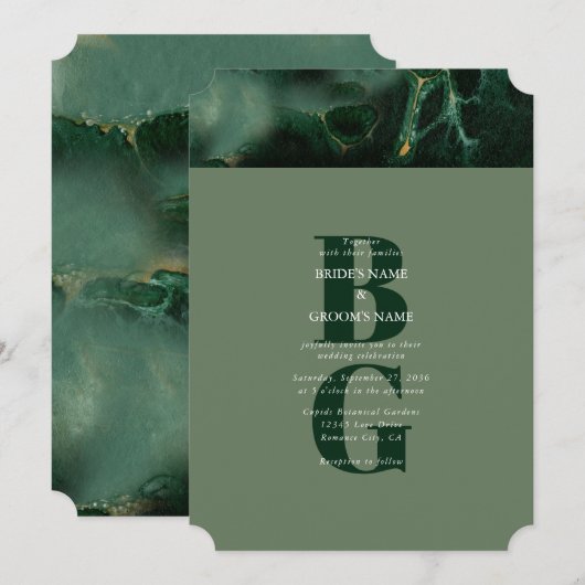 Modern Green Marble Monogram Wedding Kaart (Voorkant / Achterkant)