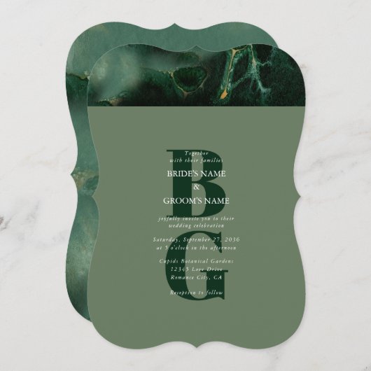 Modern Green Marble Monogram Wedding Kaart (Voorkant / Achterkant)