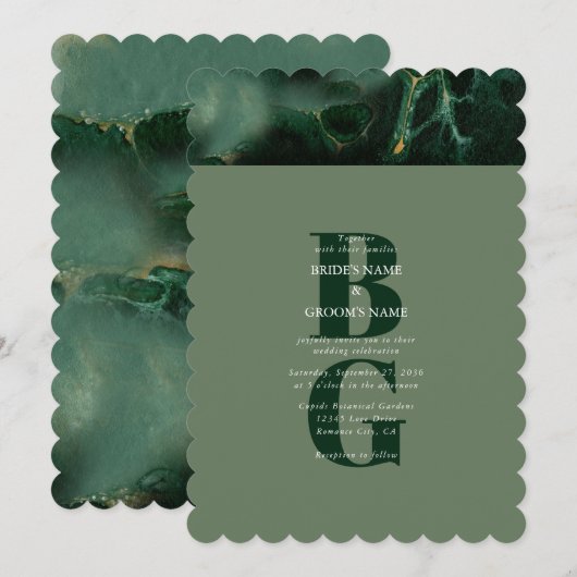 Modern Green Marble Monogram Wedding Kaart (Voorkant / Achterkant)