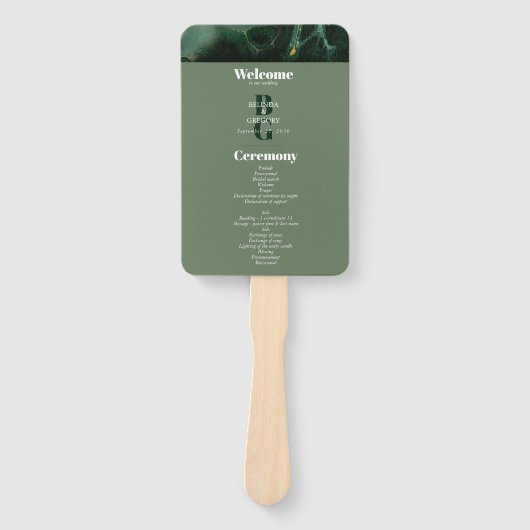 Modern Green Marble Monogram Wedding Programme Handwaaier (Voorkant)