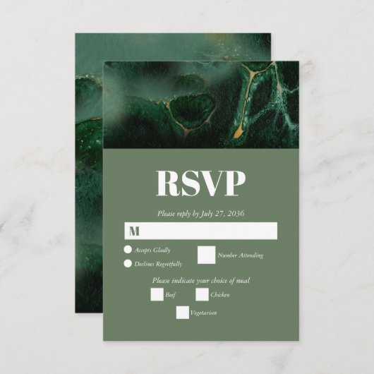 Modern Green Marble Monogram Wedding RSVP Kaartje (Voorkant / Achterkant)