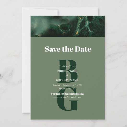 Modern Green Marble Monogram Wedding Save The Date (Voorkant)