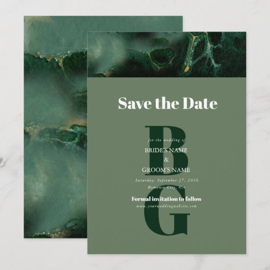 Modern Green Marble Monogram Wedding Save The Date (Voorkant / Achterkant)