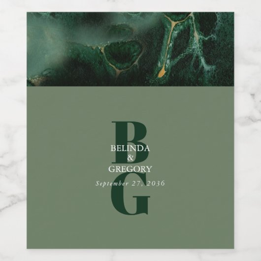 Modern Green Marble Monogram Wedding Wijn Etiket (Enkel label)