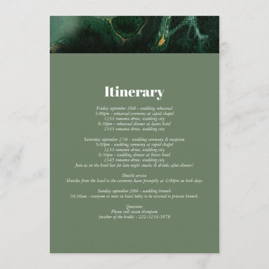 Modern Green Marble Monogram Weduwroute Programmakaart (Achterkant)