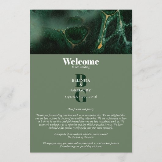 Modern Green Marble Monogram Weduwroute Programmakaart (Voorkant)