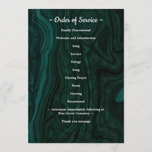 Modern Green Marble Photo Order of Service Funeral Programmakaart (Achterkant)