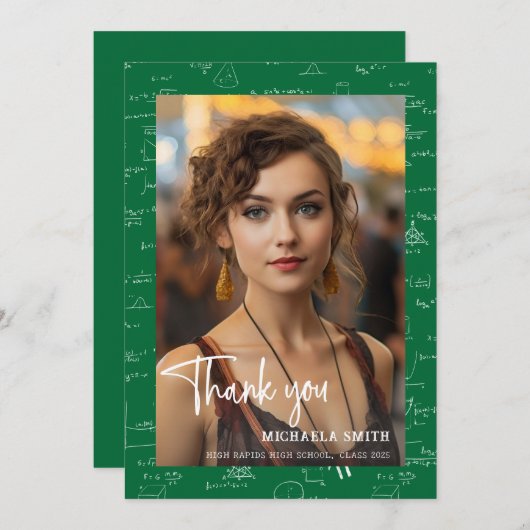 Modern Green Math Script Photo Graduation  Bedankkaart (Voorkant / Achterkant)