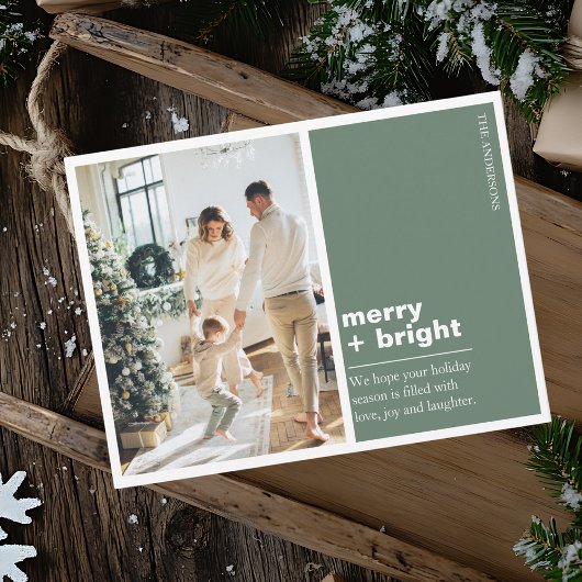 Modern Green “Merry + Bright” Christmas Photo Briefkaart