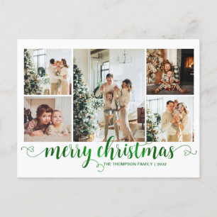 Modern Green Merry Christmas Heart Script 5 Foto Feestdagenkaart