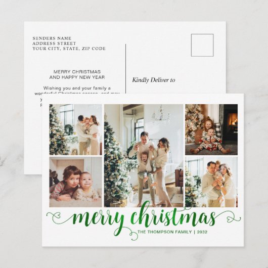 Modern Green Merry Christmas Heart Script 5 Foto Feestdagenkaart (Voorkant / Achterkant)