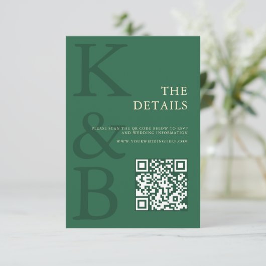 Modern Green Monogram Minimalist Wedding Informatiekaartje (Staand voorkant)
