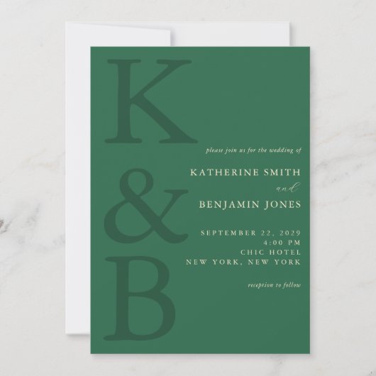 Modern Green Monogram Minimalist Wedding Kaart (Voorkant)