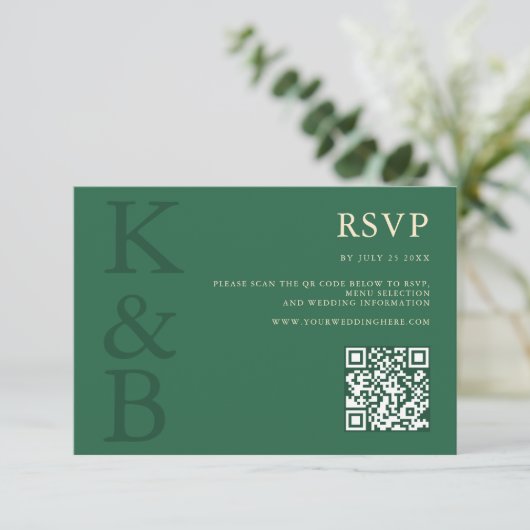 Modern Green Monogram Minimalist Wedding RSVP Kaartje (Staand voorkant)