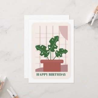 Modern Green Monstera Leaf Plant Birthday Card Kaart