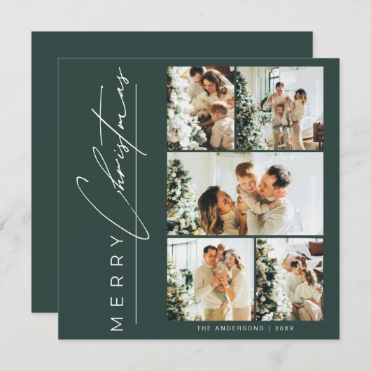 Modern Green Multi Photo Merry Christmas Script Feestdagenkaart (Voorkant / Achterkant)