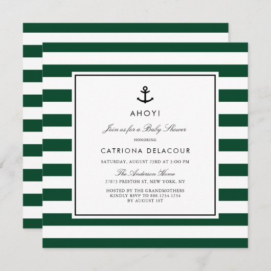 Modern Green Nautical Stripes Baby shower Kaart (Voorkant / Achterkant)
