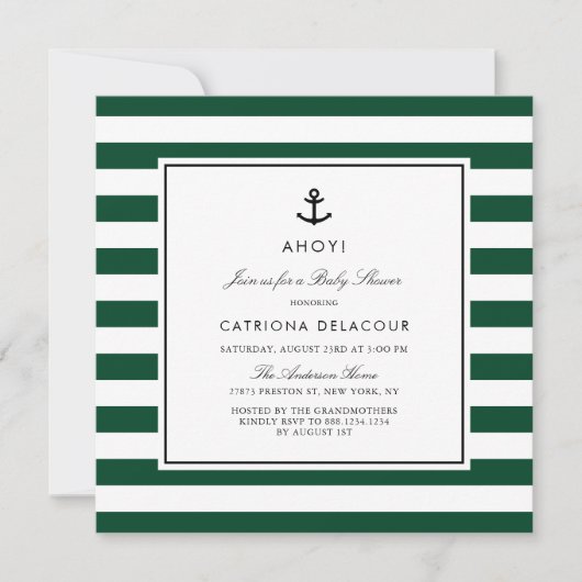 Modern Green Nautical Stripes Baby shower Kaart (Voorkant)