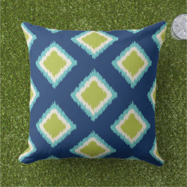 Modern Green Navy Blue Diamond Ikat Pattern Buitenkussen