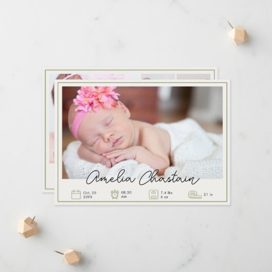 Modern Green Newborn Baby Photo Collage Birth Aankondiging (Voorkant / Achterkant in situ)