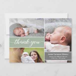 Modern Green Newborn foto's Naam Baby shower Bedankkaart