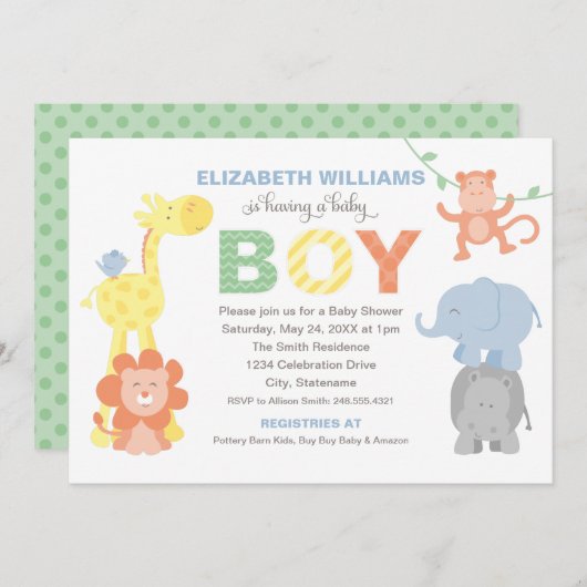 Modern Green Oerwoud Animals Boy Baby shower Kaart (Voorkant / Achterkant)