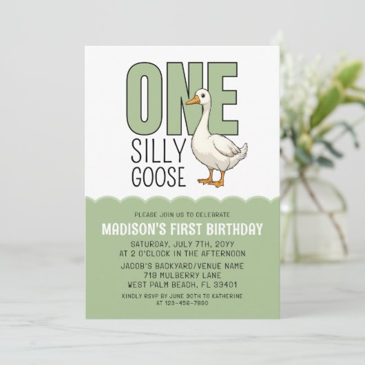 Modern Green One Silly Goose 1st Birthday Kaart (Staand voorkant)