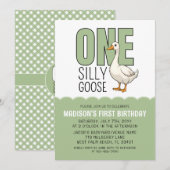 Modern Green One Silly Goose 1st Birthday Kaart (Voorkant / Achterkant)