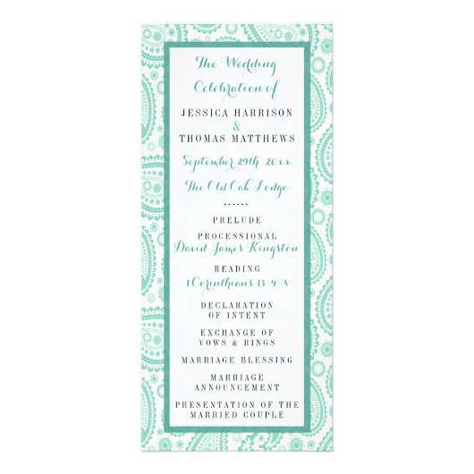 Modern Green Paisley huwelijksprogramma Reclamekaart (Voorkant)