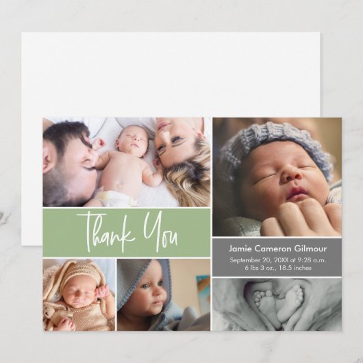 Modern Green Photo Collage Baby shower script Bedankkaart (Voorkant / Achterkant)