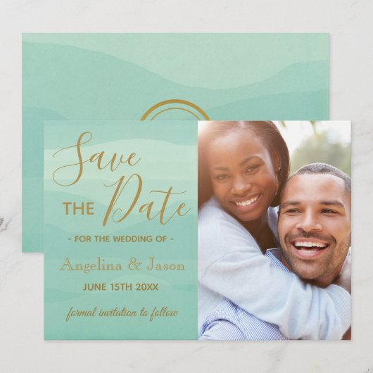 Modern Green Photo Wedding Save The Date (Voorkant / Achterkant)