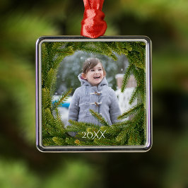 Modern Green Pine Wreath Overlay Foto Metalen Ornament