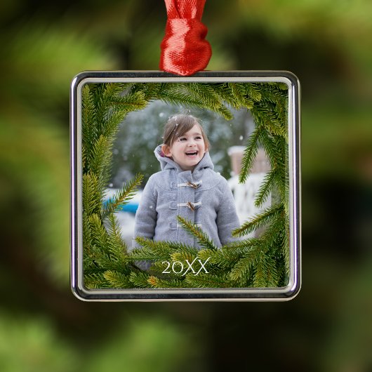 Modern Green Pine Wreath Overlay Foto Metalen Ornament